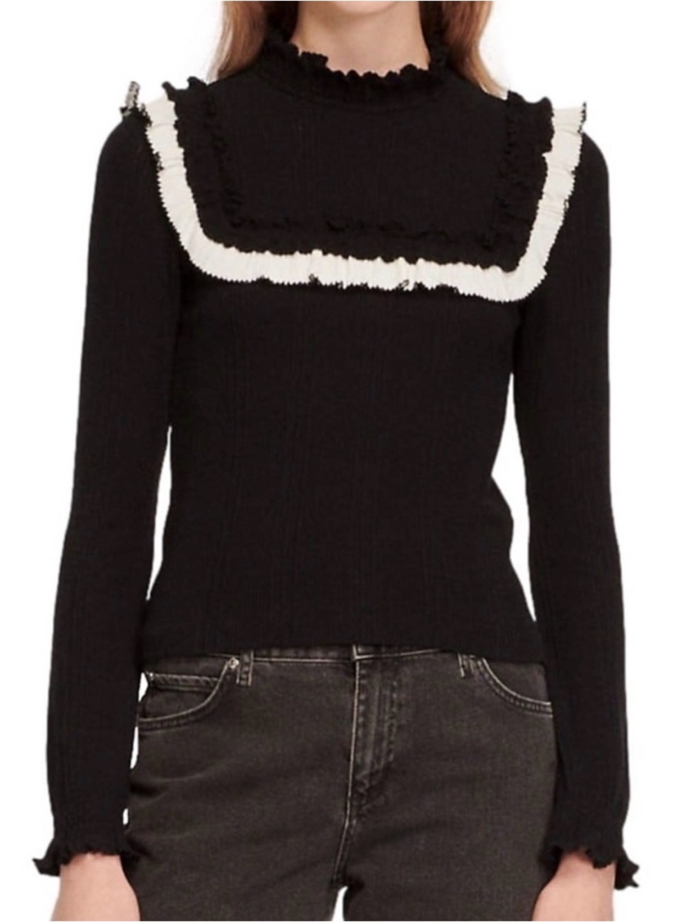 Sandro Dumas Ruffled Mock Turtleneck Knit Top Women’s Size 3 (Large) Black